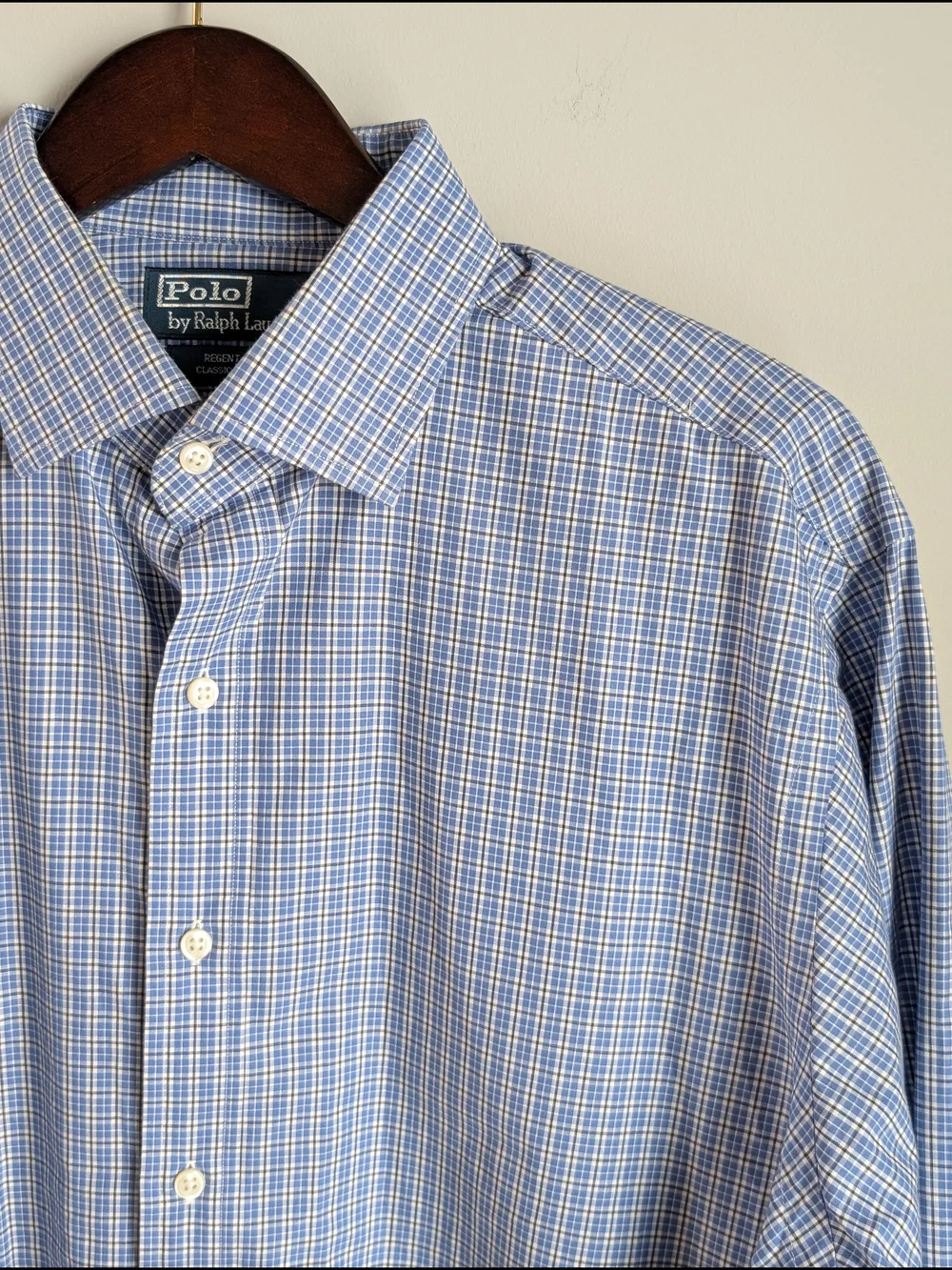 Polo Ralph Lauren Regent Shirt Mens 17 34/35 Classic Fit Blue Plaid Cotton